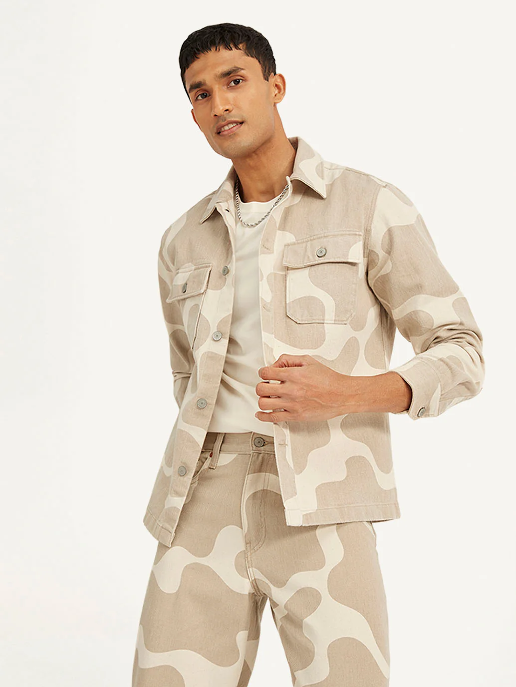 Men's Abstract Beige Relaxed Fit Utility Overshirt - Image 2