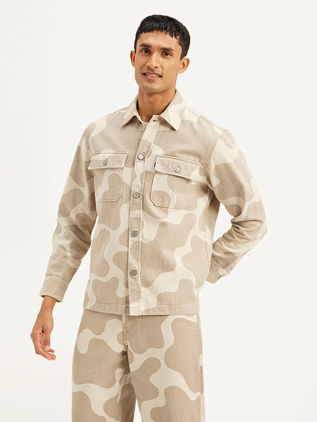 Men's Abstract Beige Relaxed Fit Utility Overshirt - Image 3