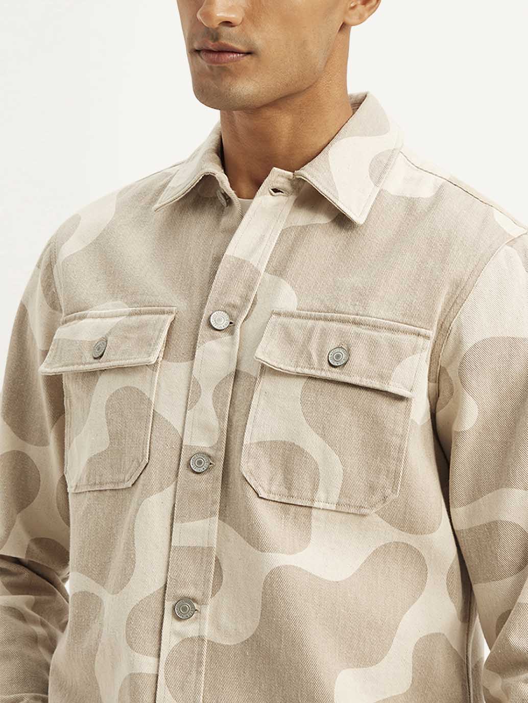 Men's Abstract Beige Relaxed Fit Utility Overshirt - Image 5