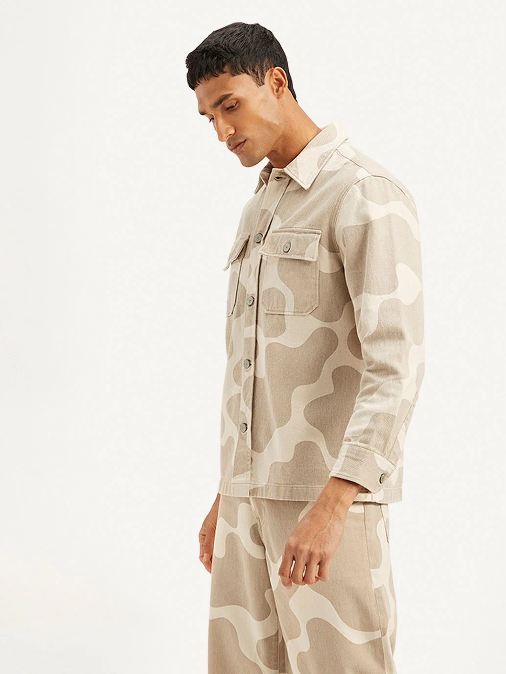 Men's Abstract Beige Relaxed Fit Utility Overshirt - Image 6