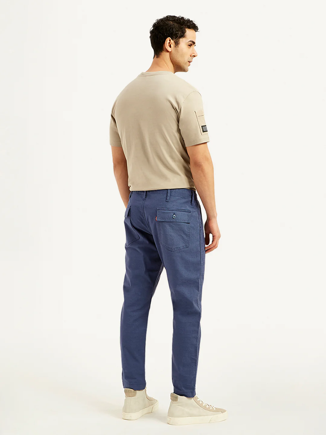 Men's Blue Slim Tapered Fit Utility Linen Trousers - Image 3