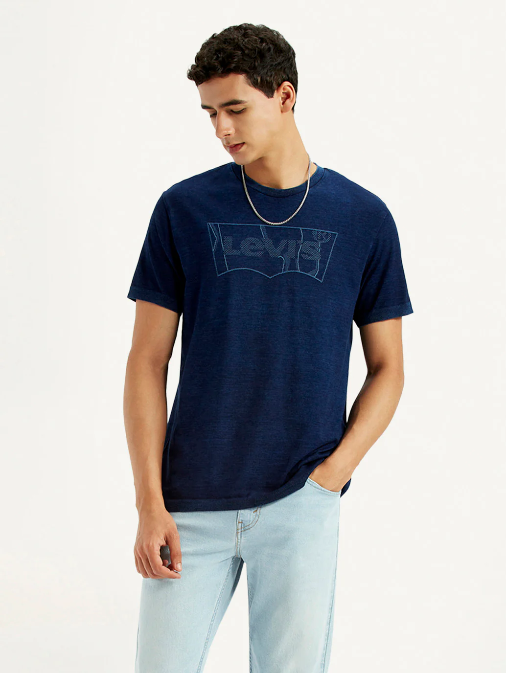 Men's Brand Logo Dark Blue Slim Fit Seamless T-shirt