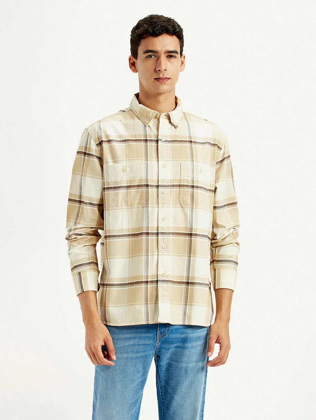 Men's Checkered Beige Flannel Relaxed Fit Shirt - Image 2