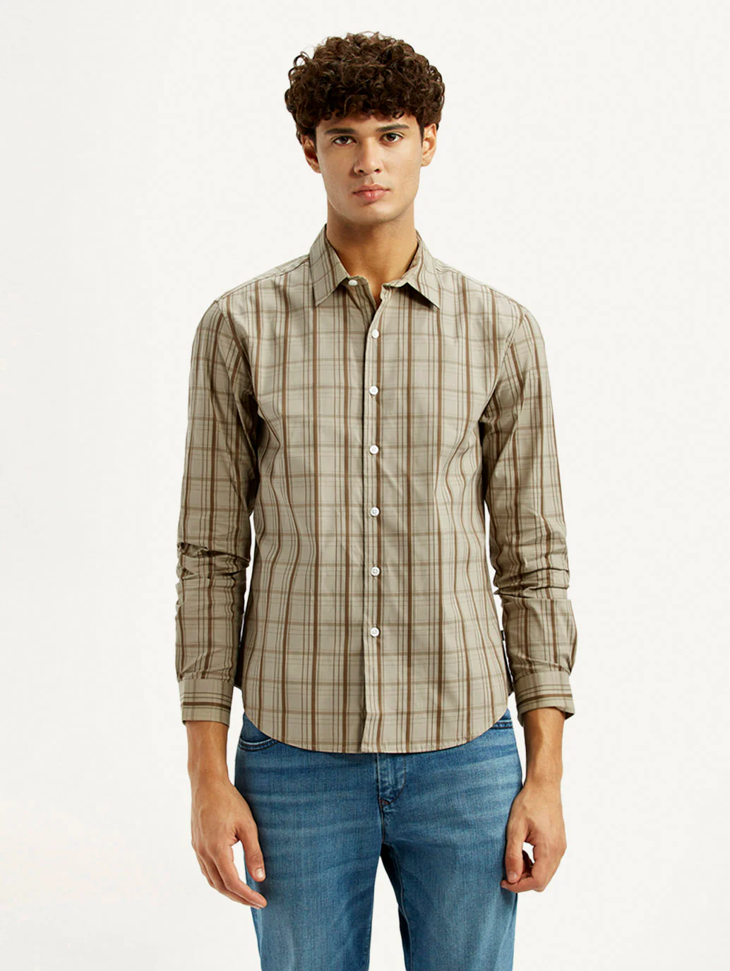 Men's Checkered Beige Slim Fit Shirt - Image 2