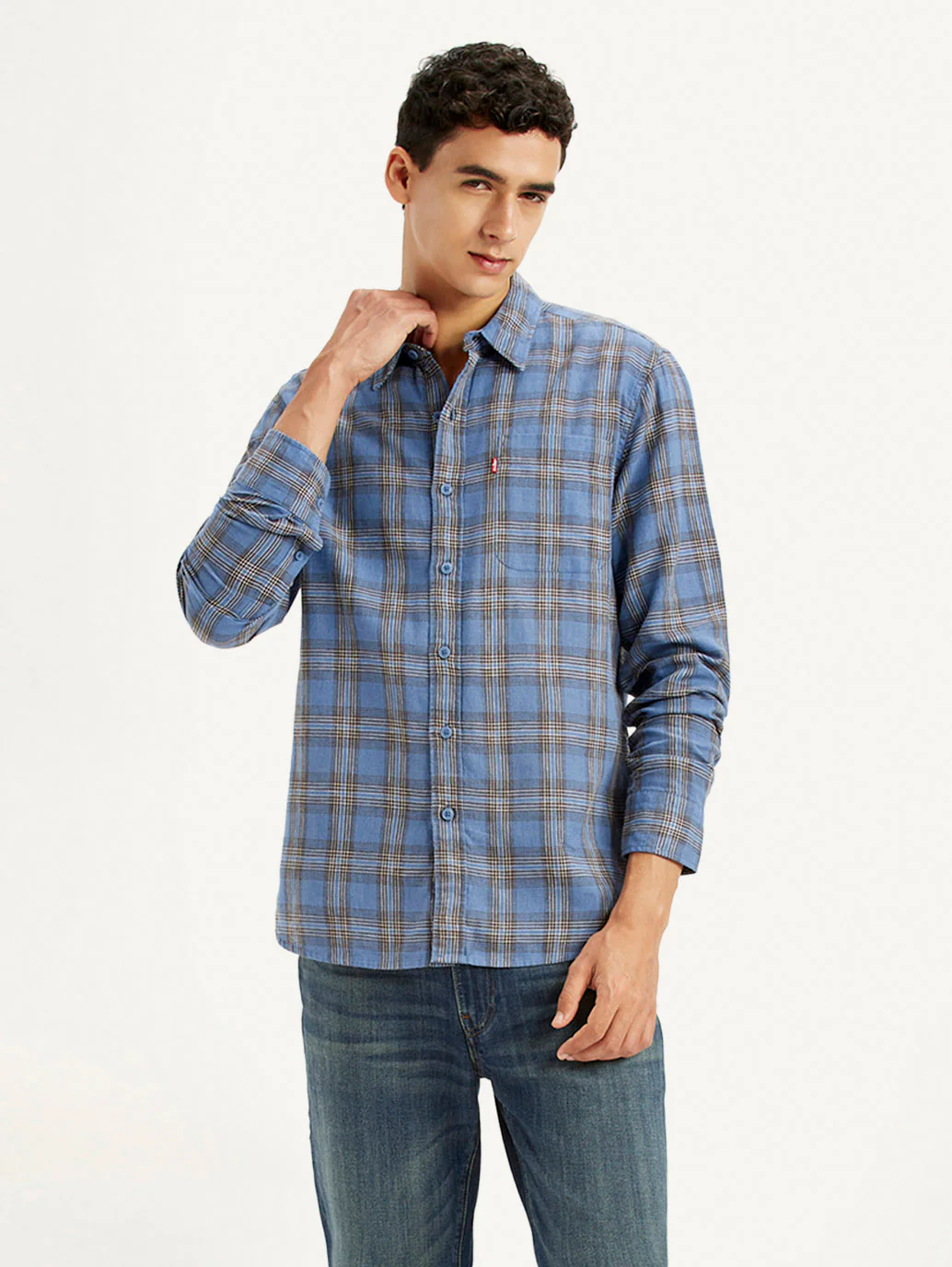 Men's Checkered Blue Slim Fit Linen Shirt