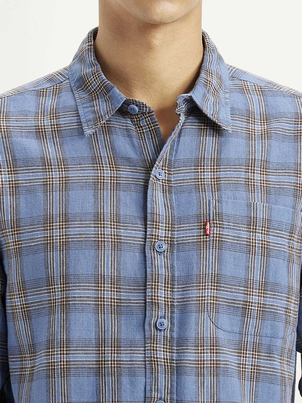 Men's Checkered Blue Slim Fit Linen Shirt - Image 4