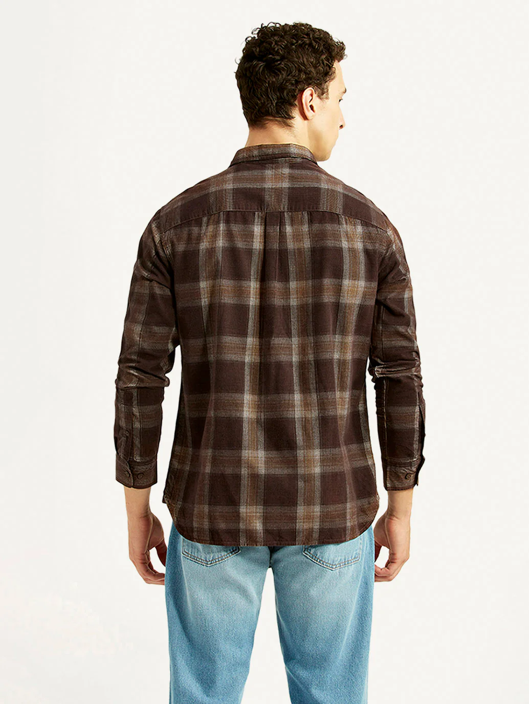 Men's Checkered Brown Slim Fit Corduroy Shirt - Image 3