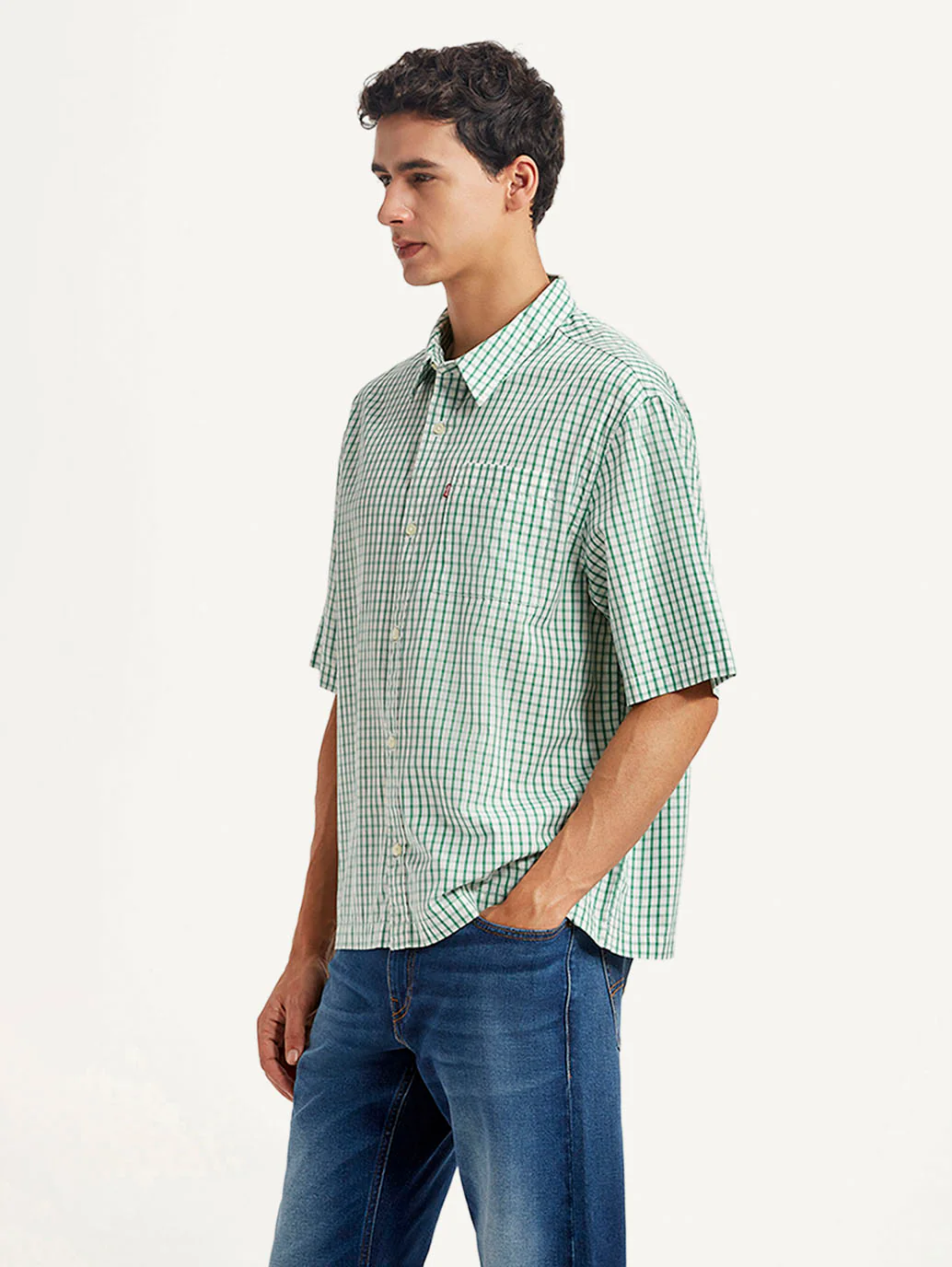 Men's Checkered Green Boxy Fit Poplin Shirt - Image 5
