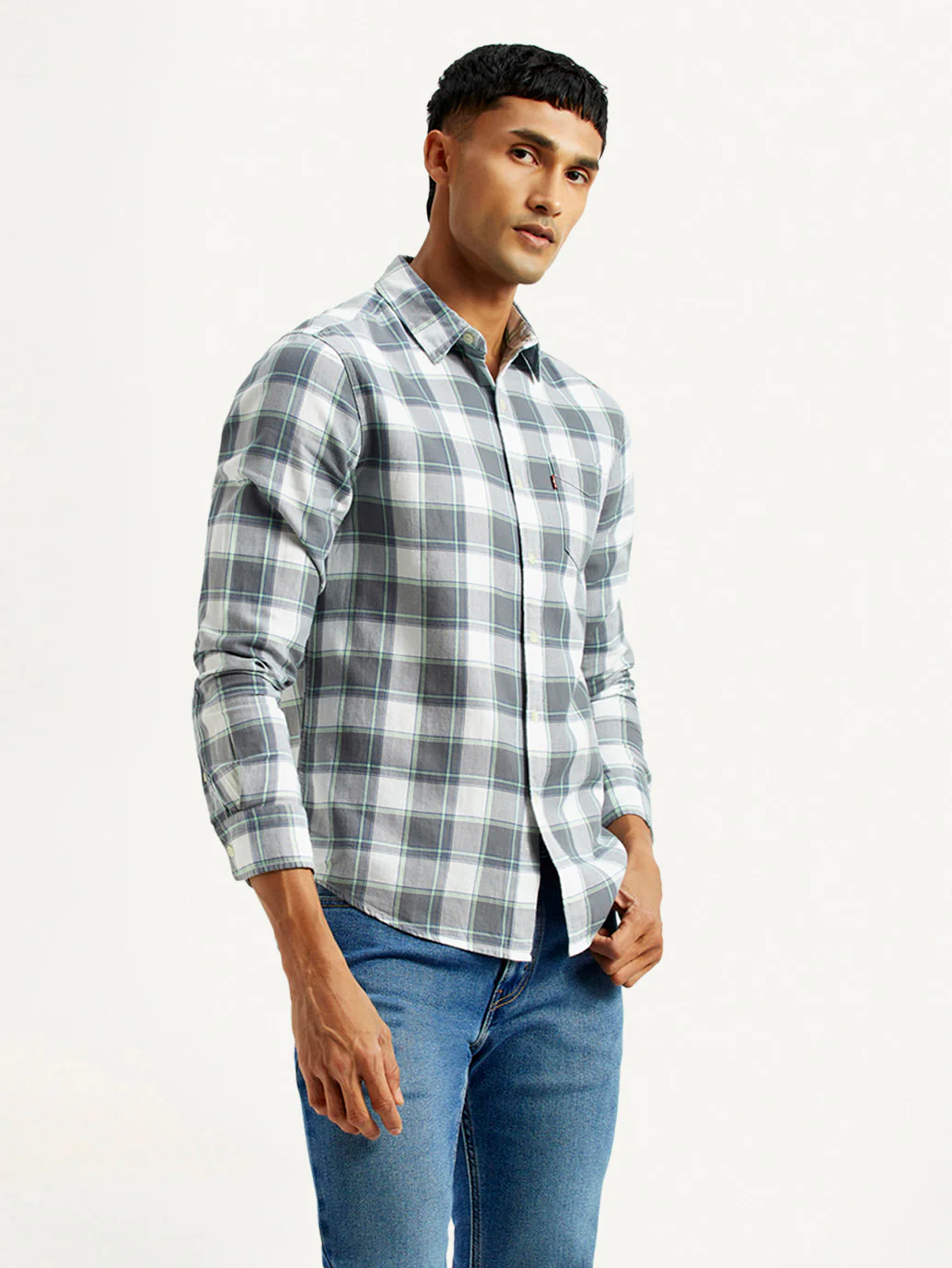 Men's Checkered Grey Slim Fit Shirt - Image 5