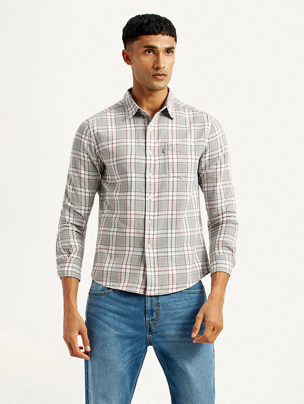 Men's Checkered Light Grey Slim Fit Shirt - Image 2