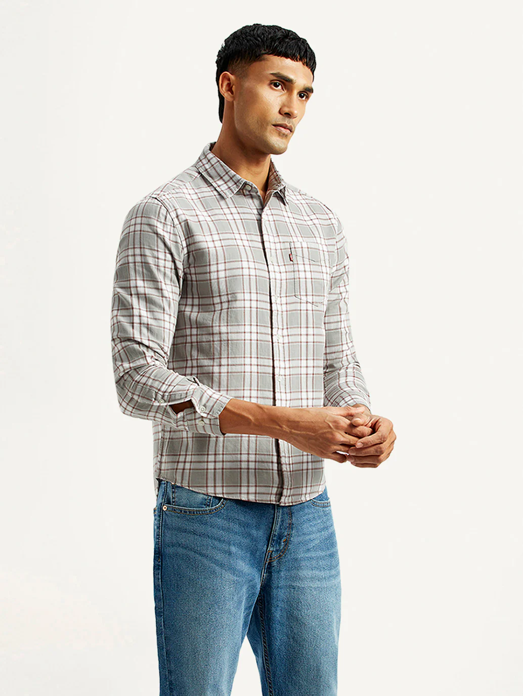 Men's Checkered Light Grey Slim Fit Shirt - Image 5
