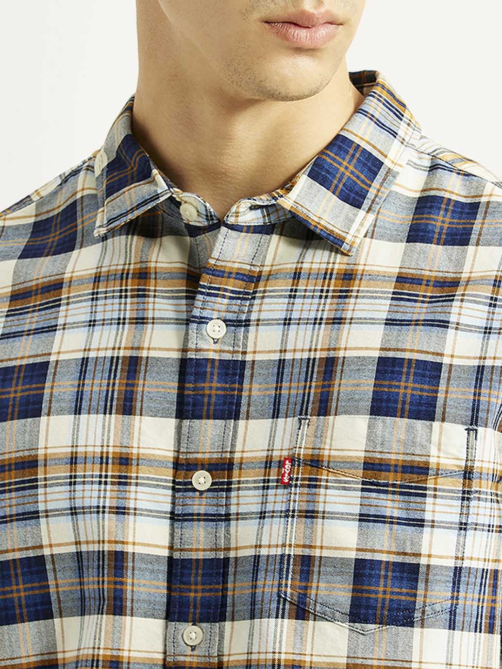 Men's Checkered Indigo Slim Fit Oxford Shirt - Image 4