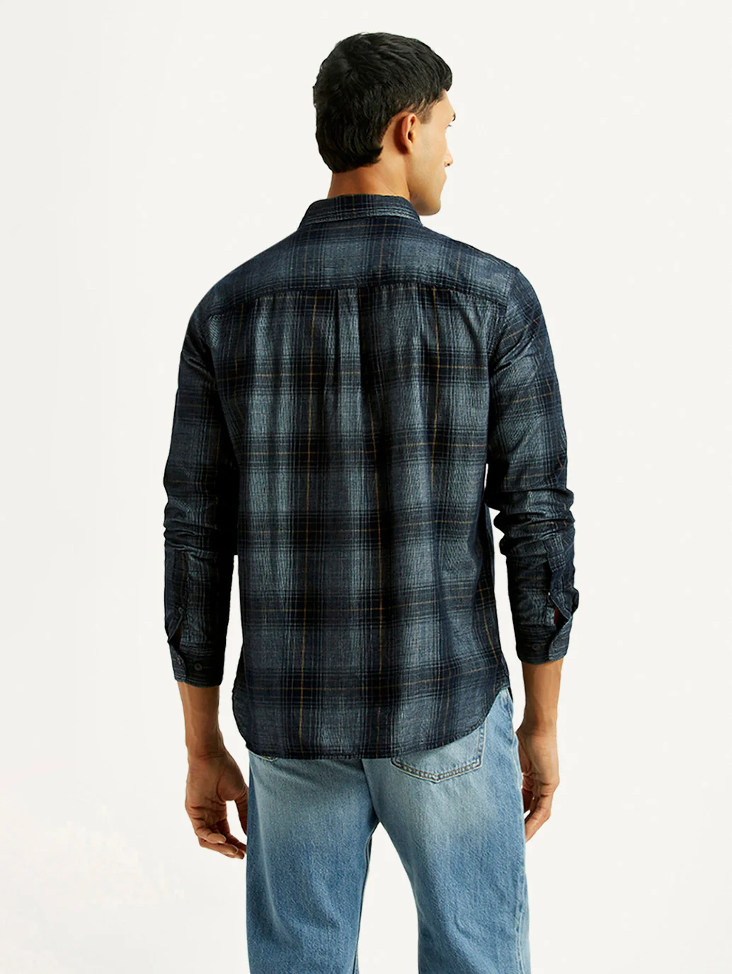 Men's Checkered Blue Slim Fit Corduroy Shirt - Image 2