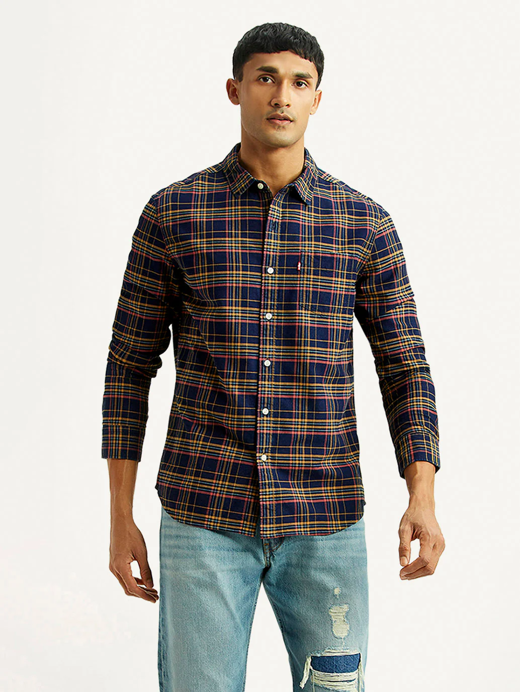 Men's Checkered Indigo Slim Fit Oxford Shirt