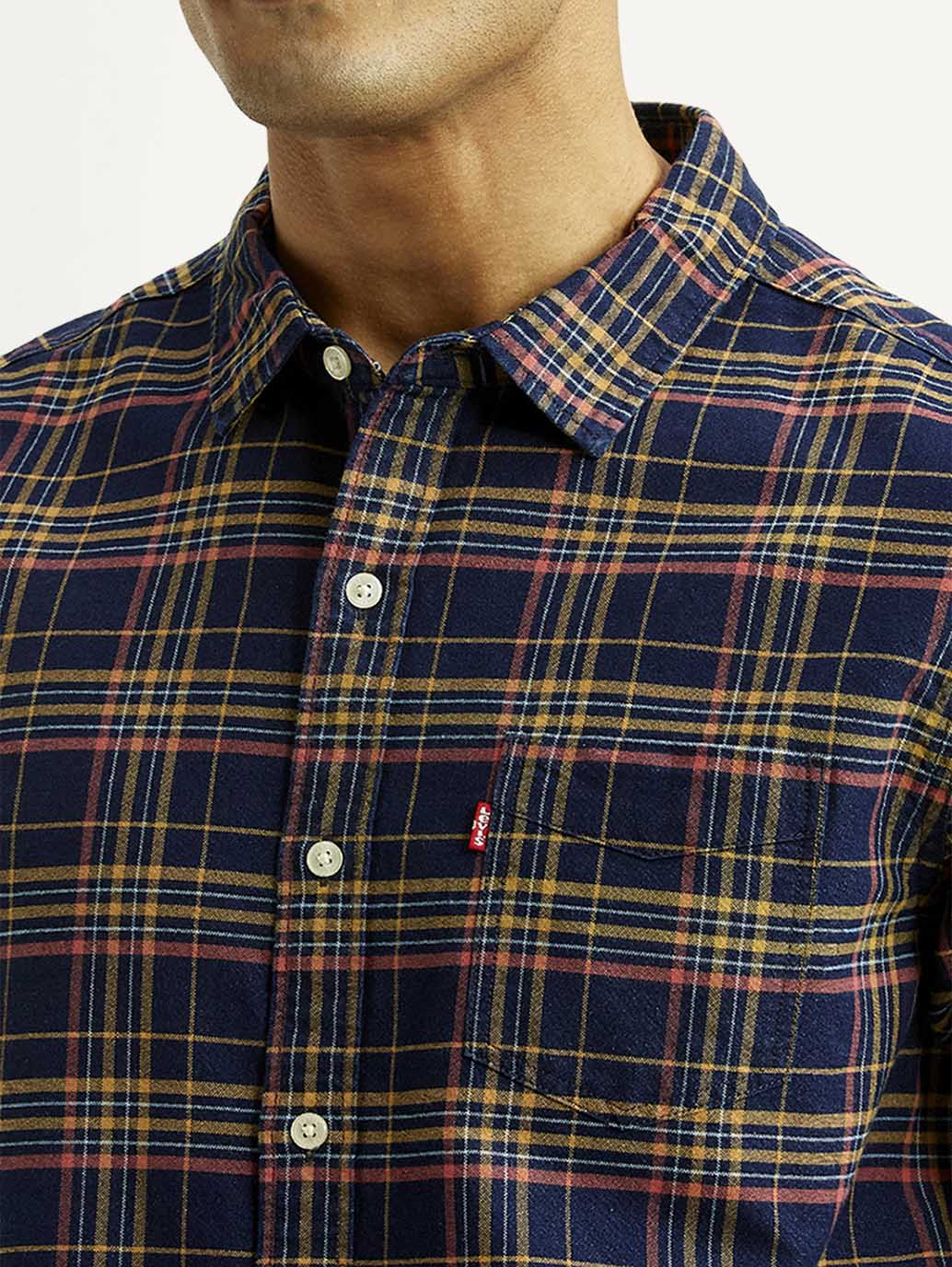 Men's Checkered Indigo Slim Fit Oxford Shirt - Image 4