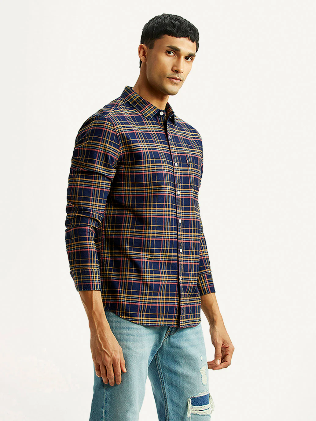 Men's Checkered Indigo Slim Fit Oxford Shirt - Image 5