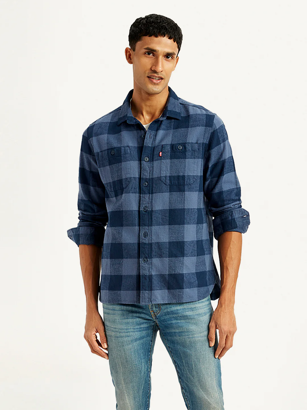 Men's Checkered Navy Spread Collar Shacket - Image 2