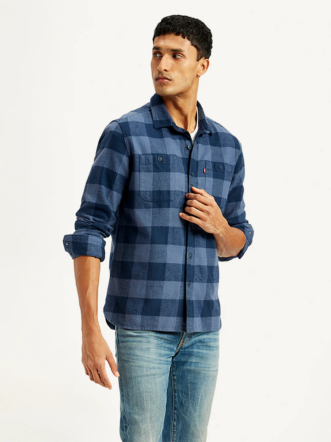 Men's Checkered Navy Spread Collar Shacket - Image 4