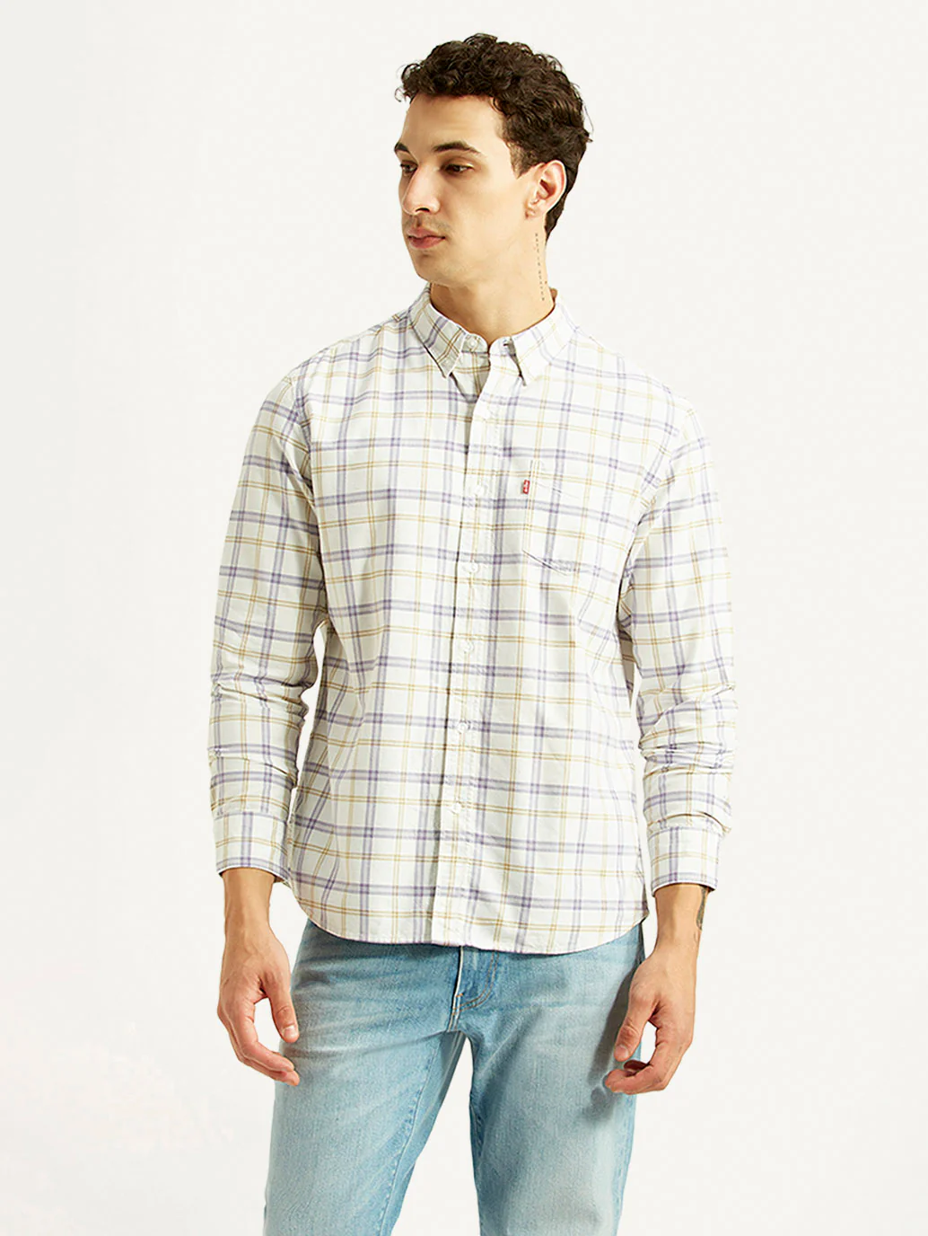 Men's Checkered Off-White Slim Fit Oxford Shirt - Image 2