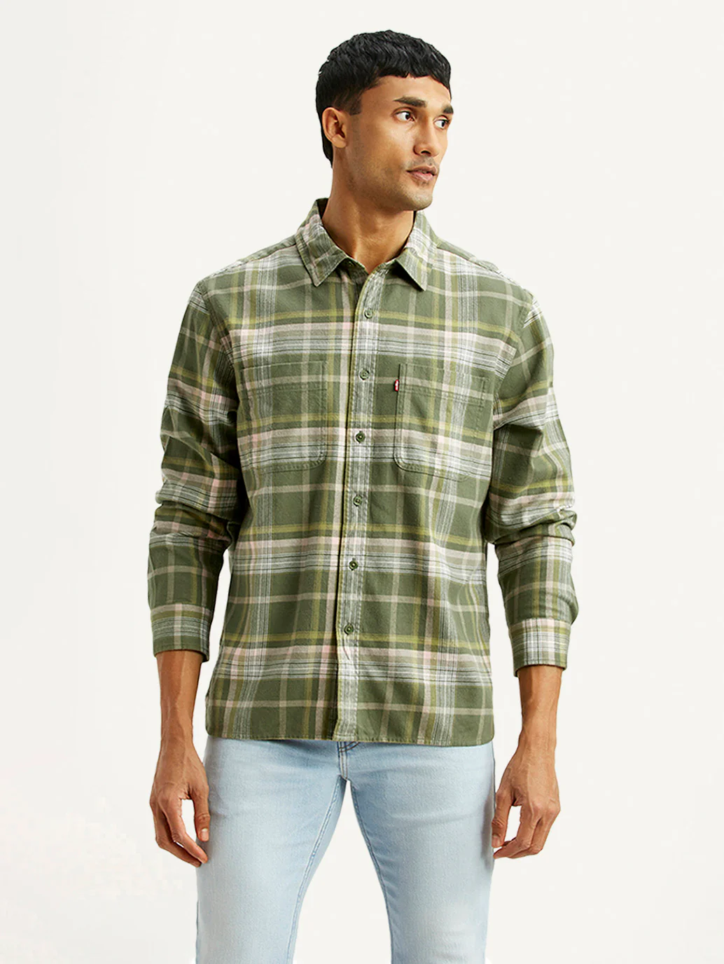 Men's Checkered Olive Relaxed Fit Flannel Shirt - Image 5