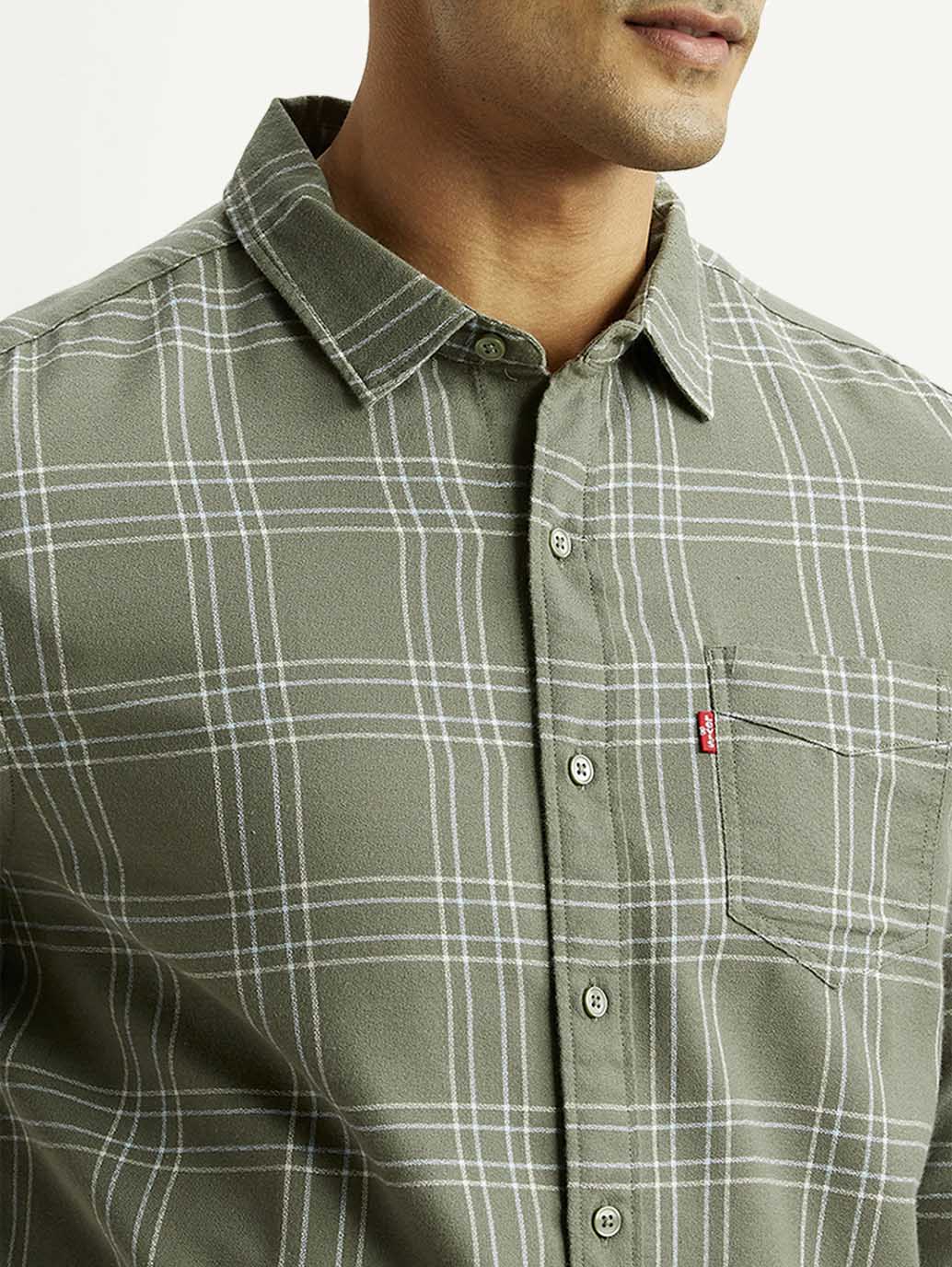 Men's Checkered Olive Slim Fit Shirt - Image 5