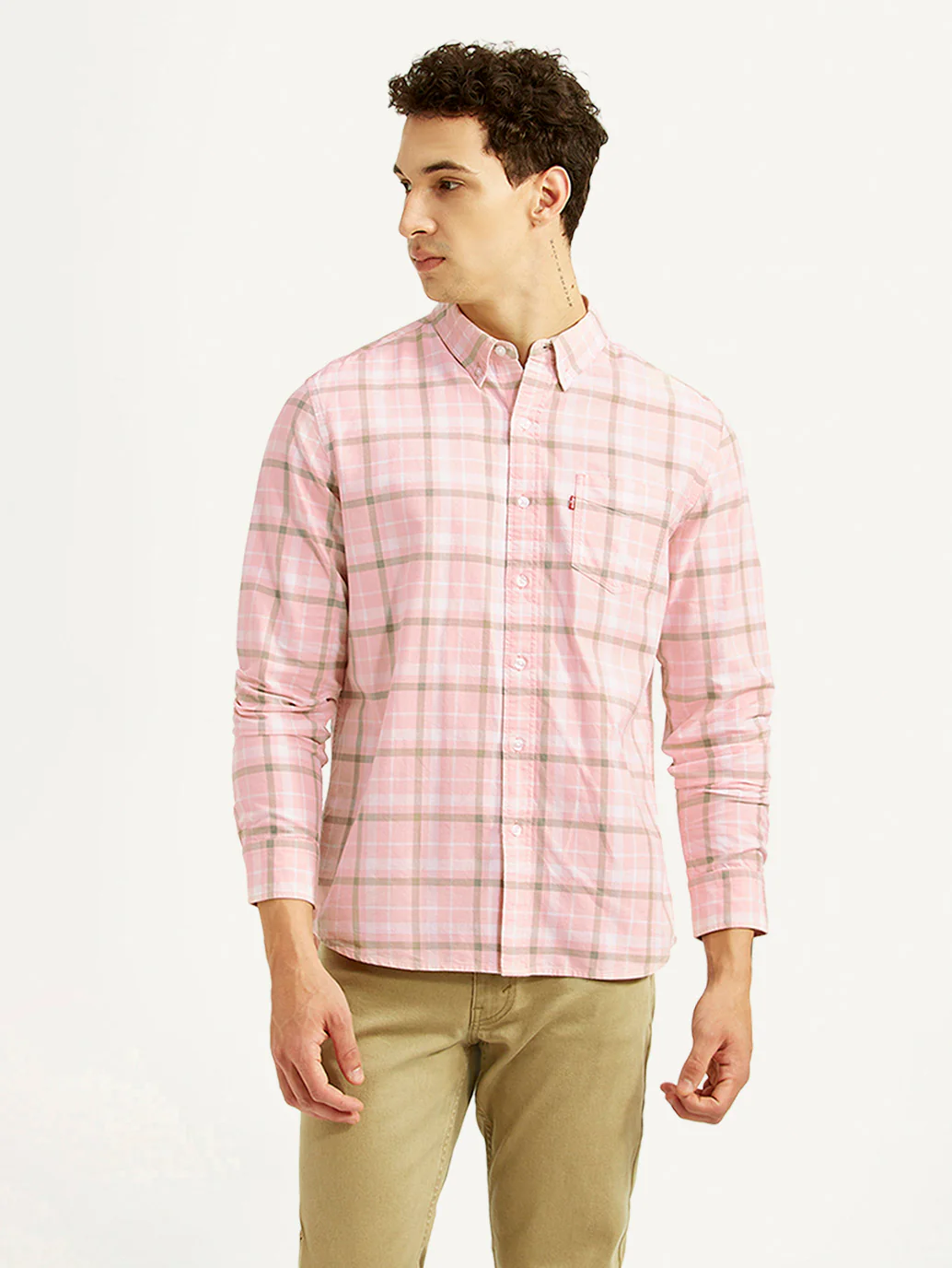 Men's Checkered Pink Slim Fit Oxford Shirt - Image 2