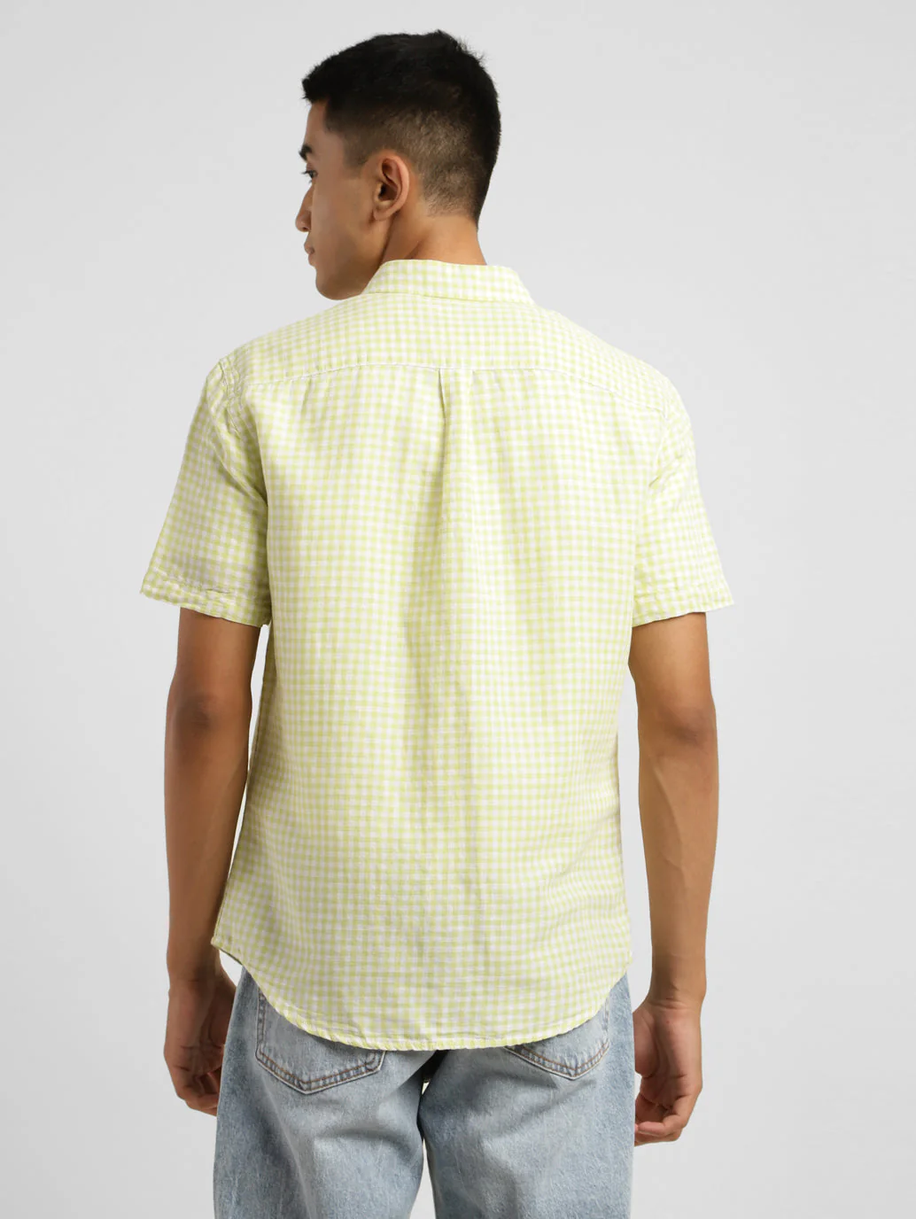 Men's Checkered Spread Collar Linen Shirt Green - Image 3