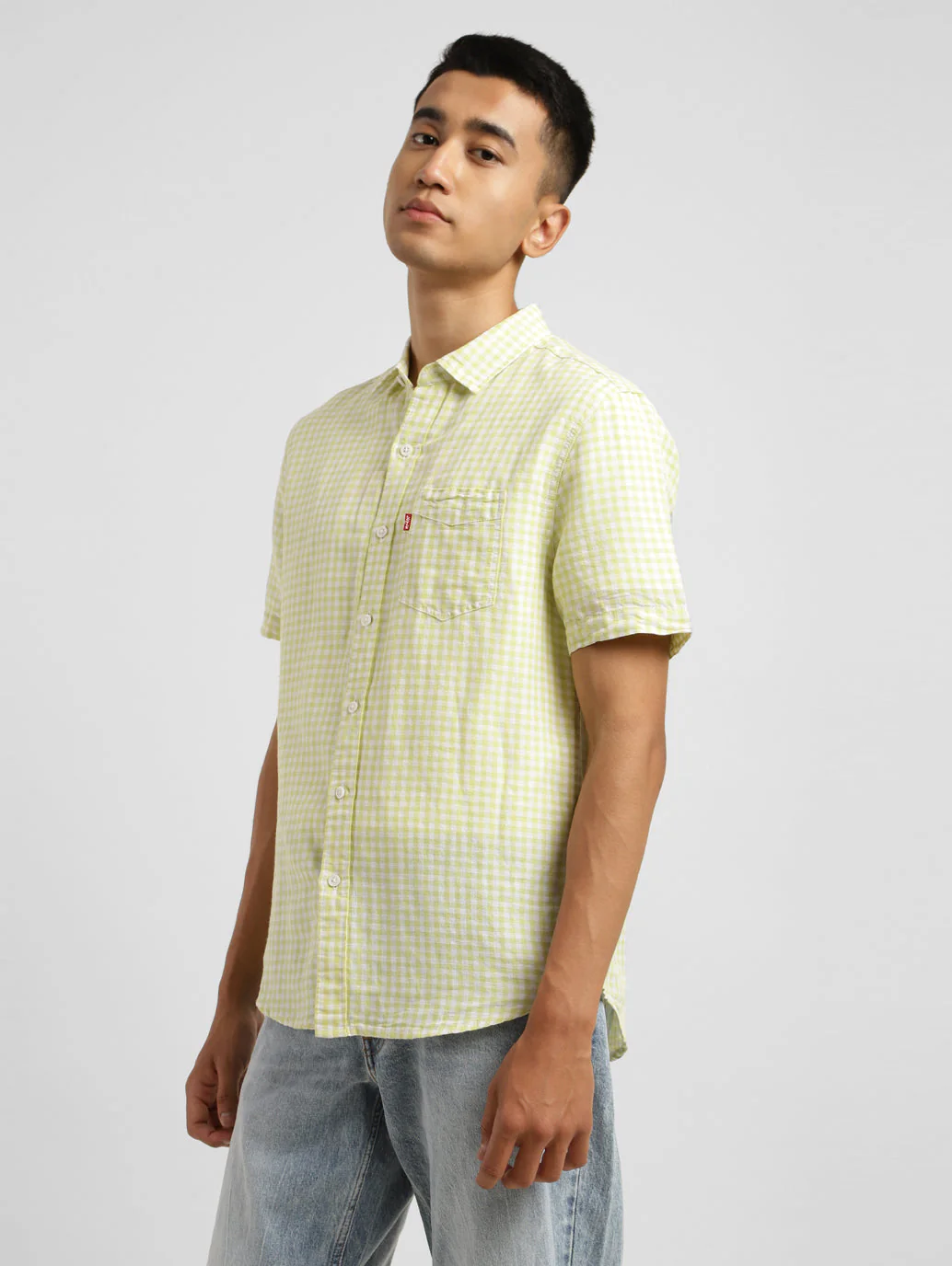 Men's Checkered Spread Collar Linen Shirt Green - Image 4