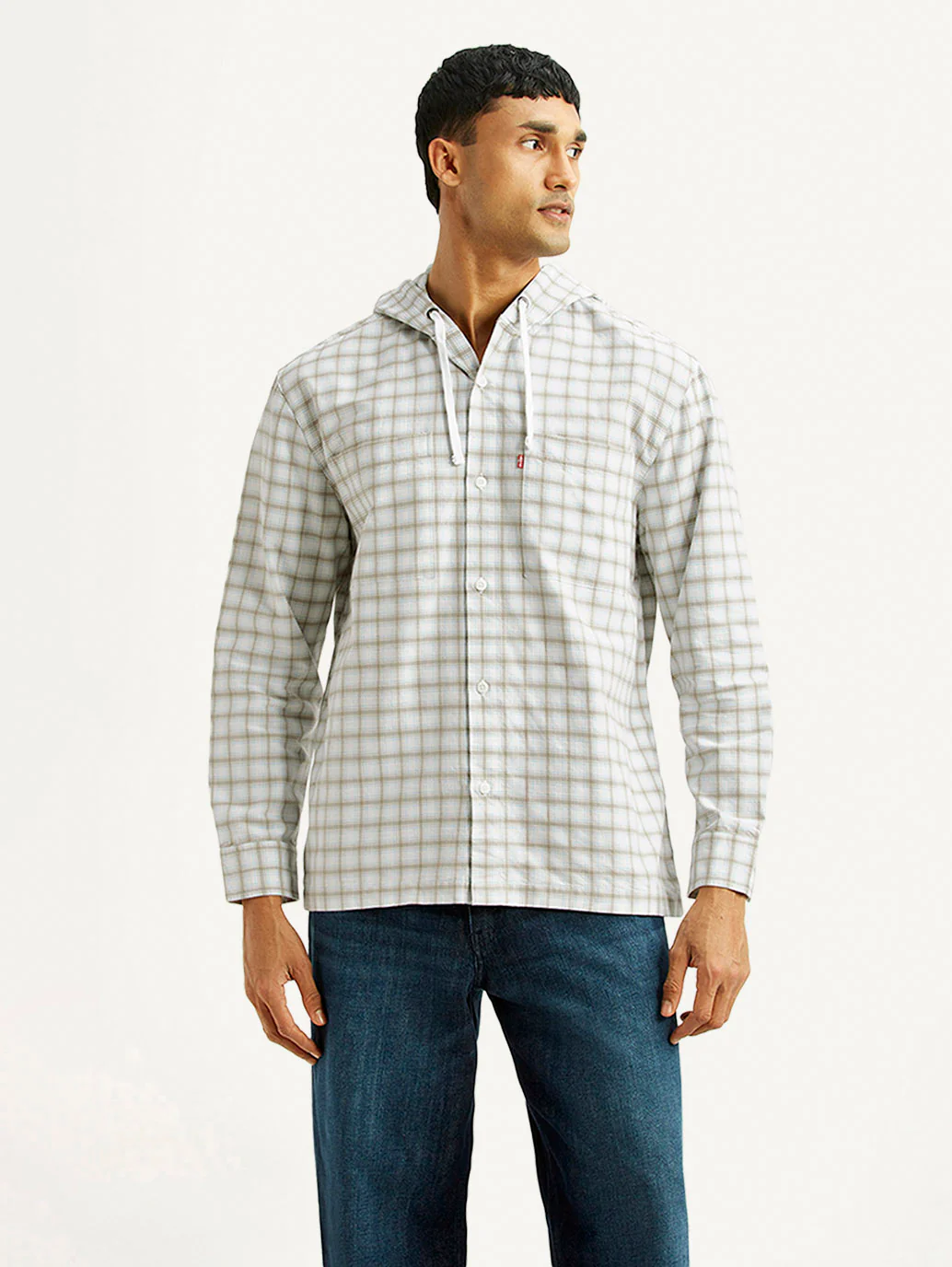 Men's Checkered White Relaxed Fit Hooded Oxford Overshirt - Image 2