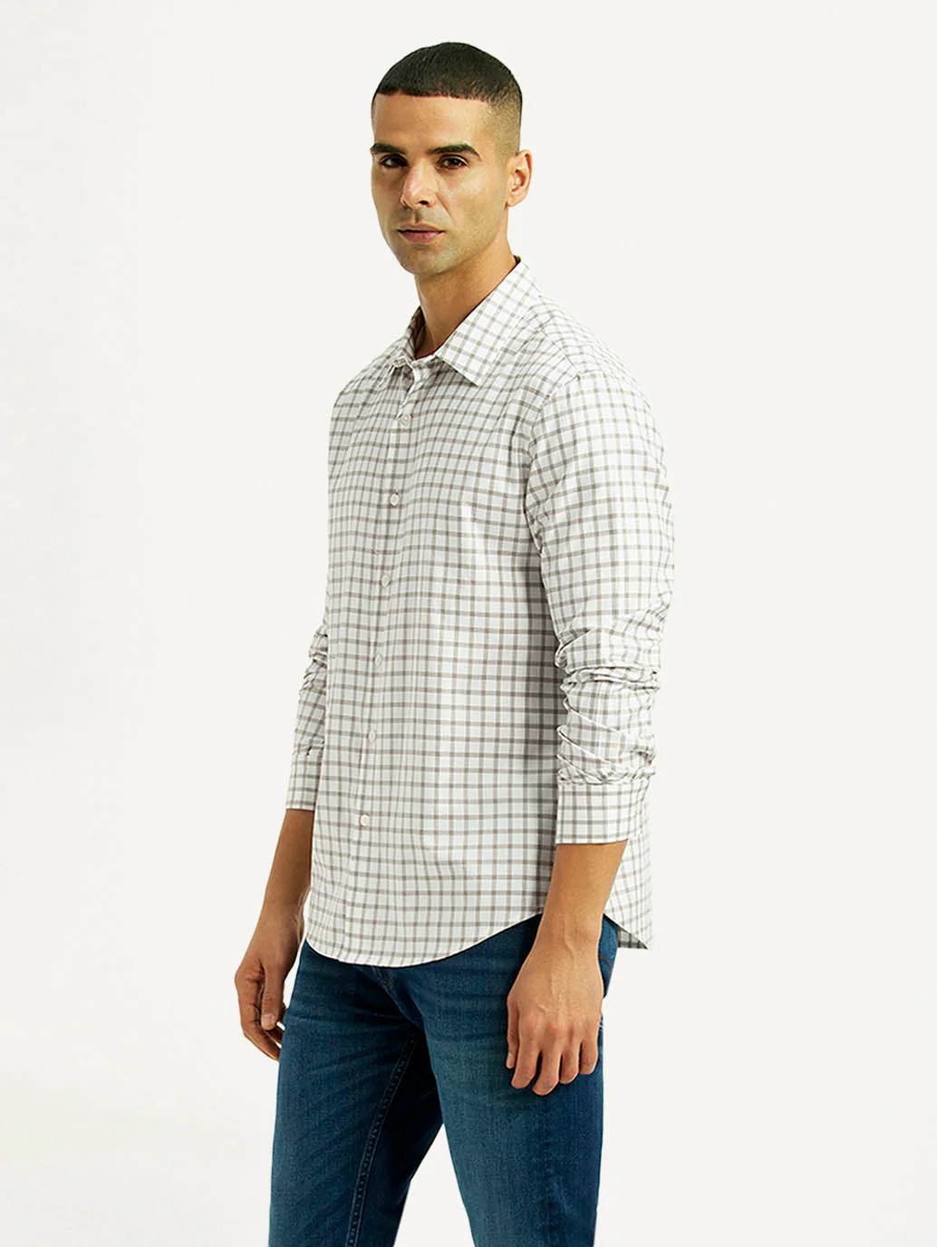 Men's Checkered White Slim Fit Shirt - Image 5