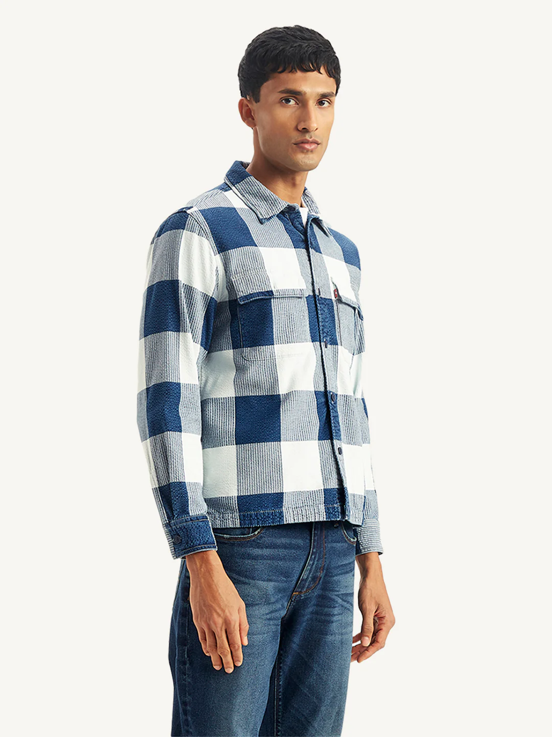 Men's Checkered White Spread Collar Shacket - Image 3