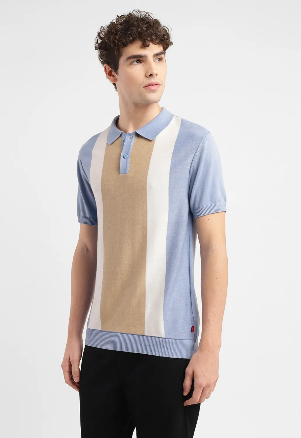 Men's Colorblock Blue Polo Collar Sweater - Image 4