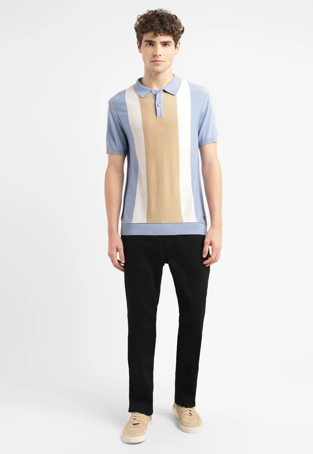 Men's Colorblock Blue Polo Collar Sweater - Image 6