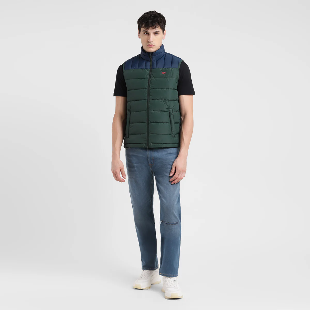 Men's Colorblock Green High Neck Quilted Jacket - Image 2