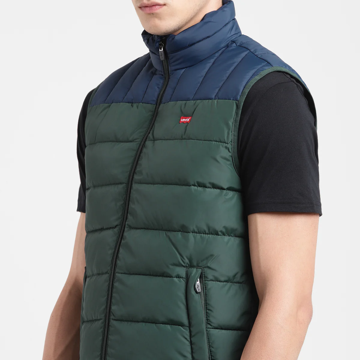 Men's Colorblock Green High Neck Quilted Jacket - Image 3