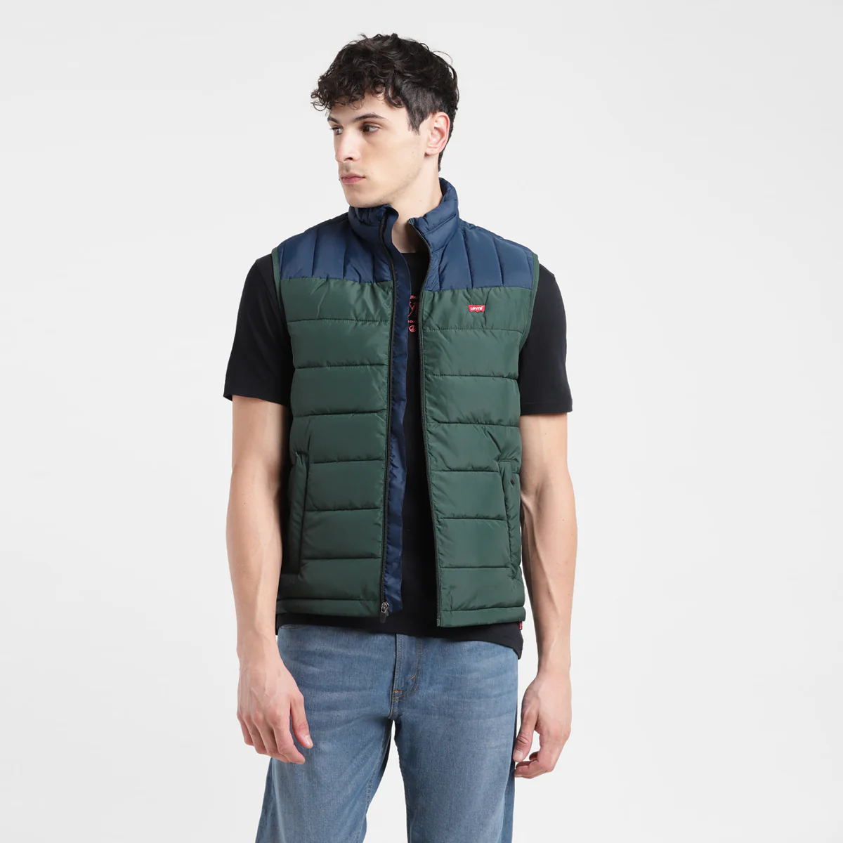 Men's Colorblock Green High Neck Quilted Jacket - Image 9