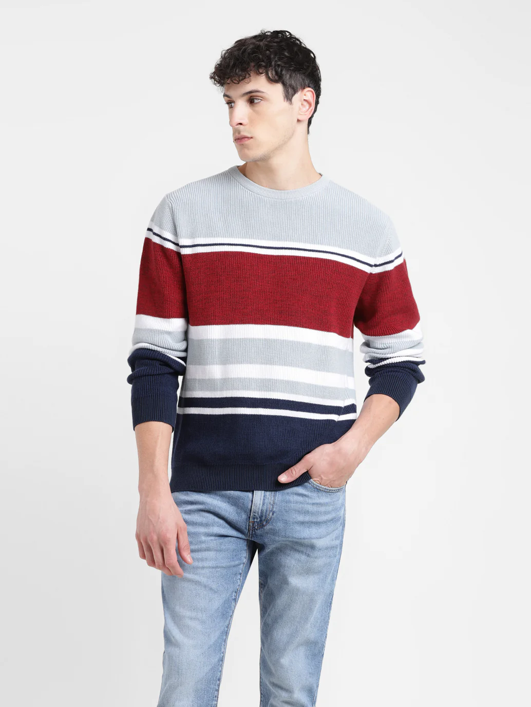 Men's Colorblock Red Crew Neck Sweater - Image 7