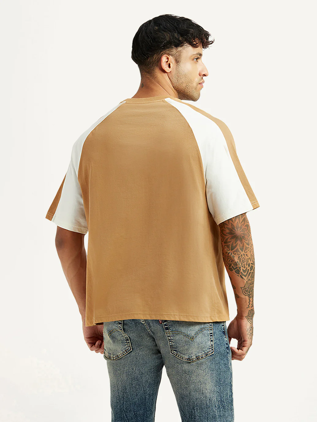 Men's Colorblock Tan Loose Fit T-shirt - Image 3