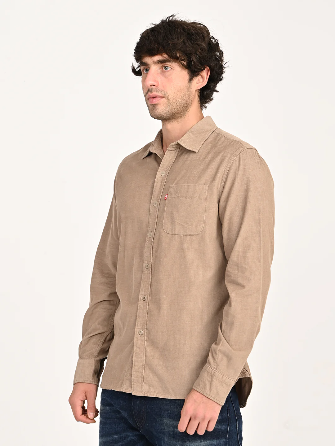 Men's Corduroy Solid Beige Slim Fit Shirt - Image 5