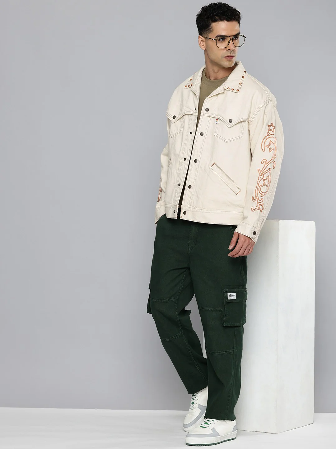 Men's Cotton Typography Embroidered Denim Jacket - Image 5