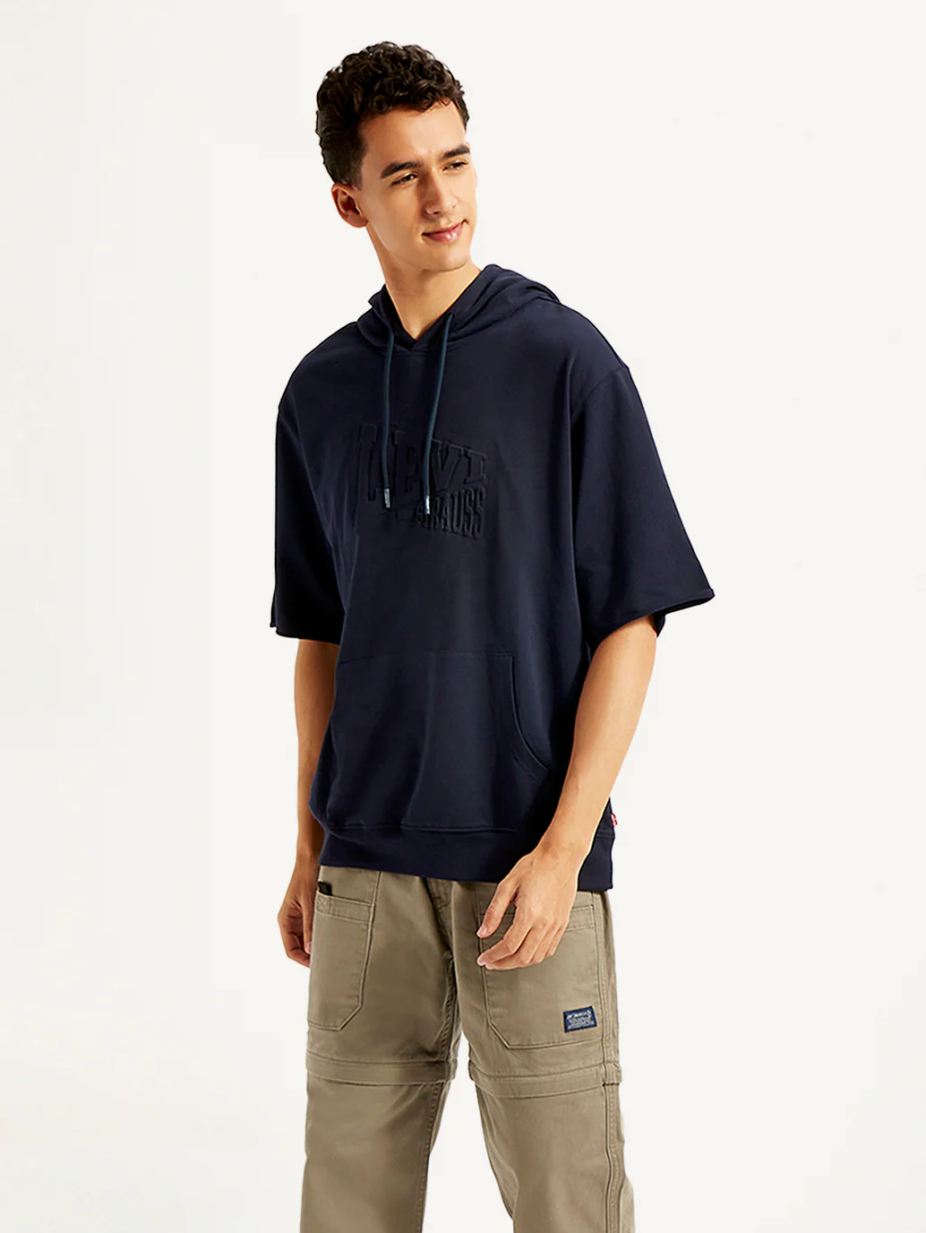 Men's Embossed Navy Hooded Sweatshirt - Image 2