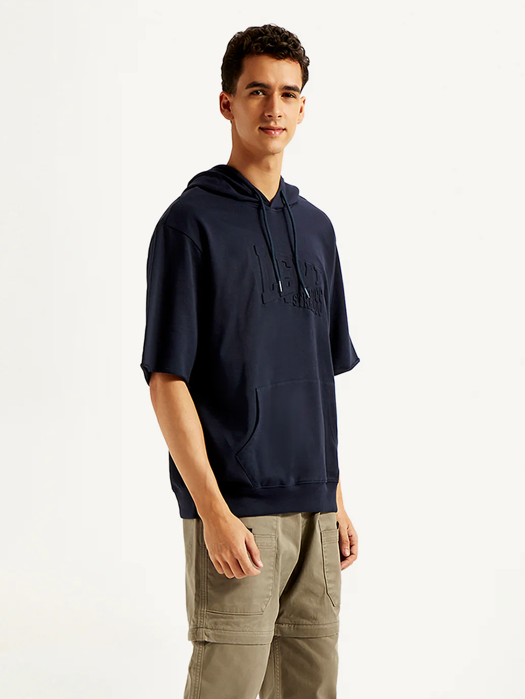 Men's Embossed Navy Hooded Sweatshirt - Image 6