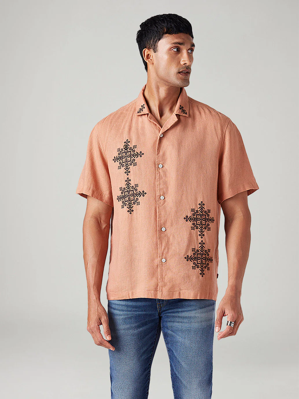 Men's Embroidered Relaxed Fit Resort Collar Linen Shirt - Image 2