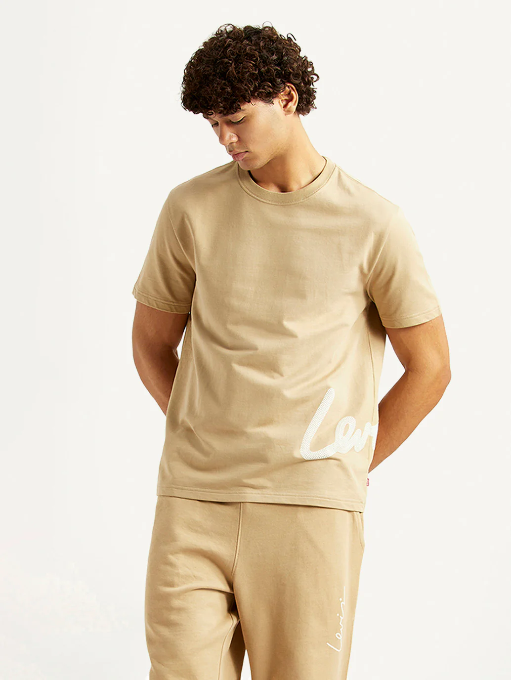 Men's Graphic Print Beige Crew Neck T-shirt