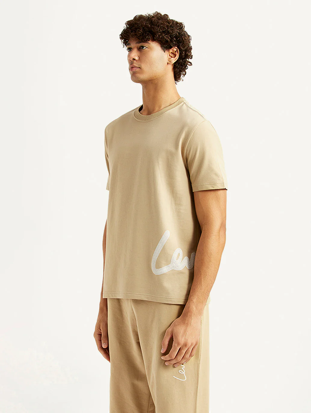 Men's Graphic Print Beige Crew Neck T-shirt - Image 5