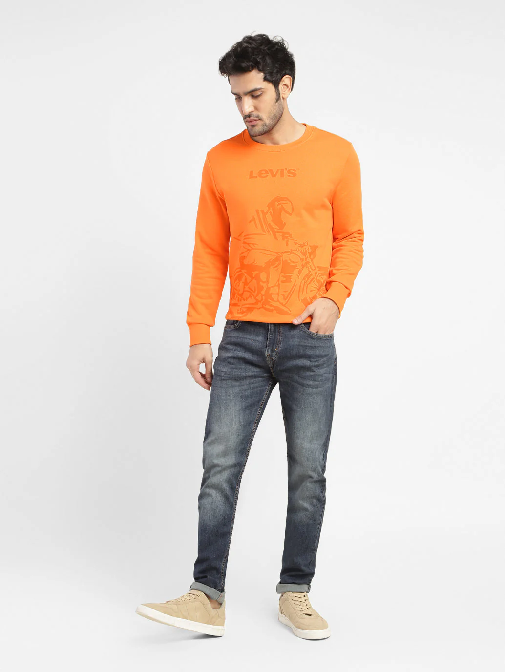 Men's Graphic Print Crew Neck Sweatshirt Orange - Image 2