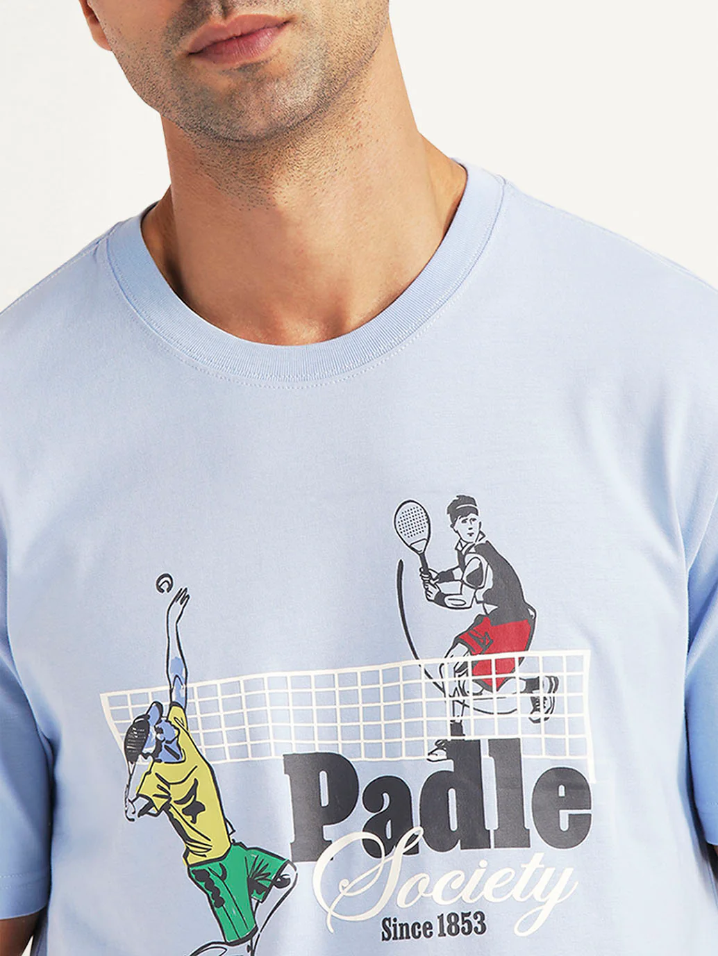 Men's Graphic Print Light Blue Crew Neck T-shirt - Image 4