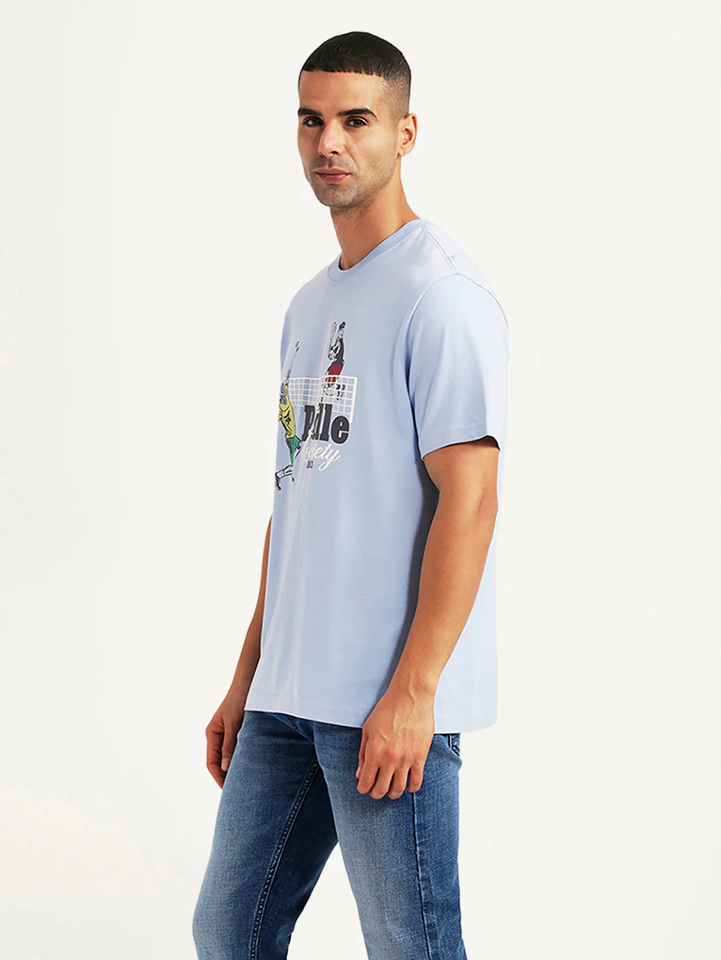 Men's Graphic Print Light Blue Crew Neck T-shirt - Image 5