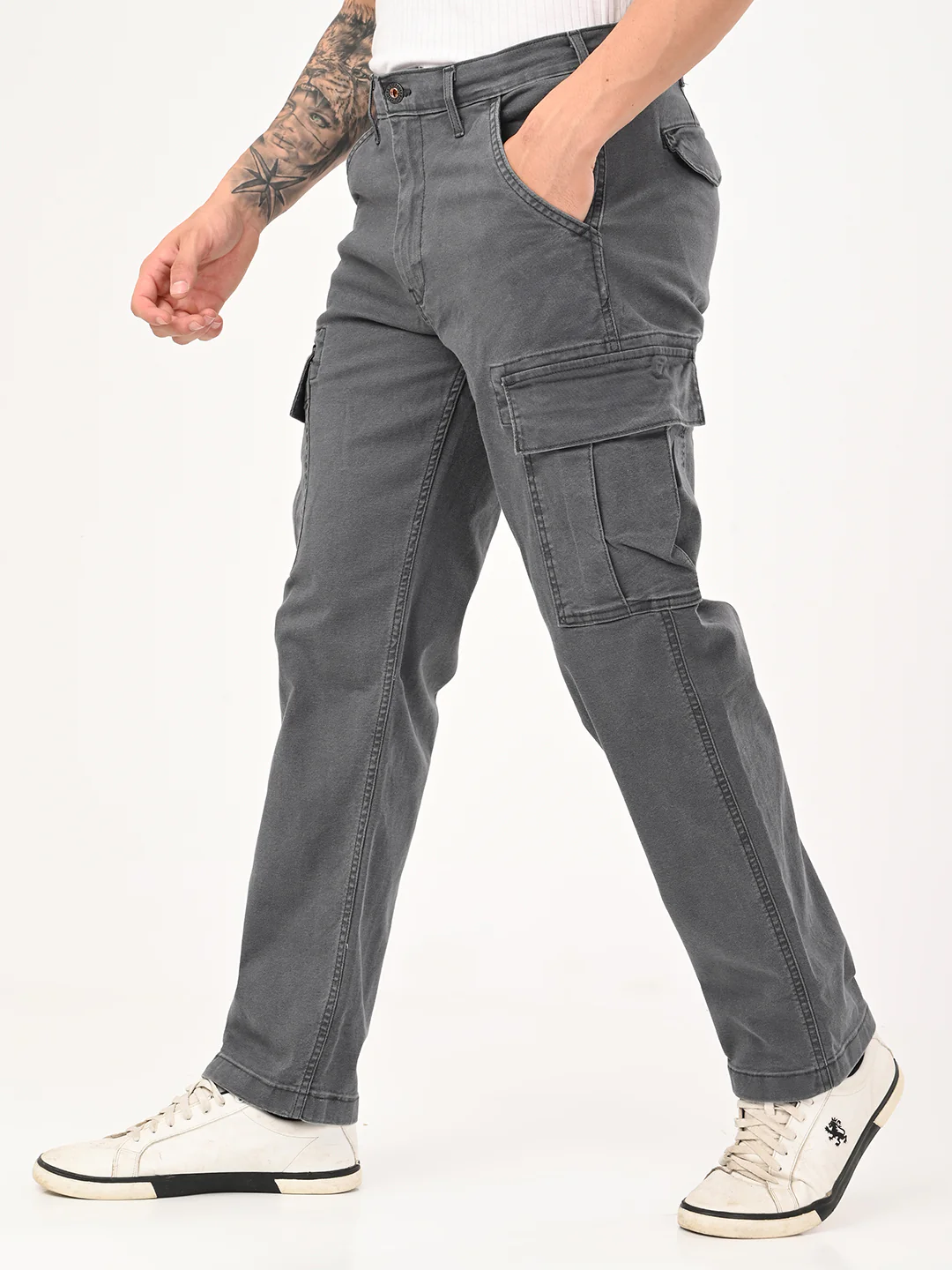 Men's Grey Tapered Fit Mid Rise Overdyed Cargos - Image 7