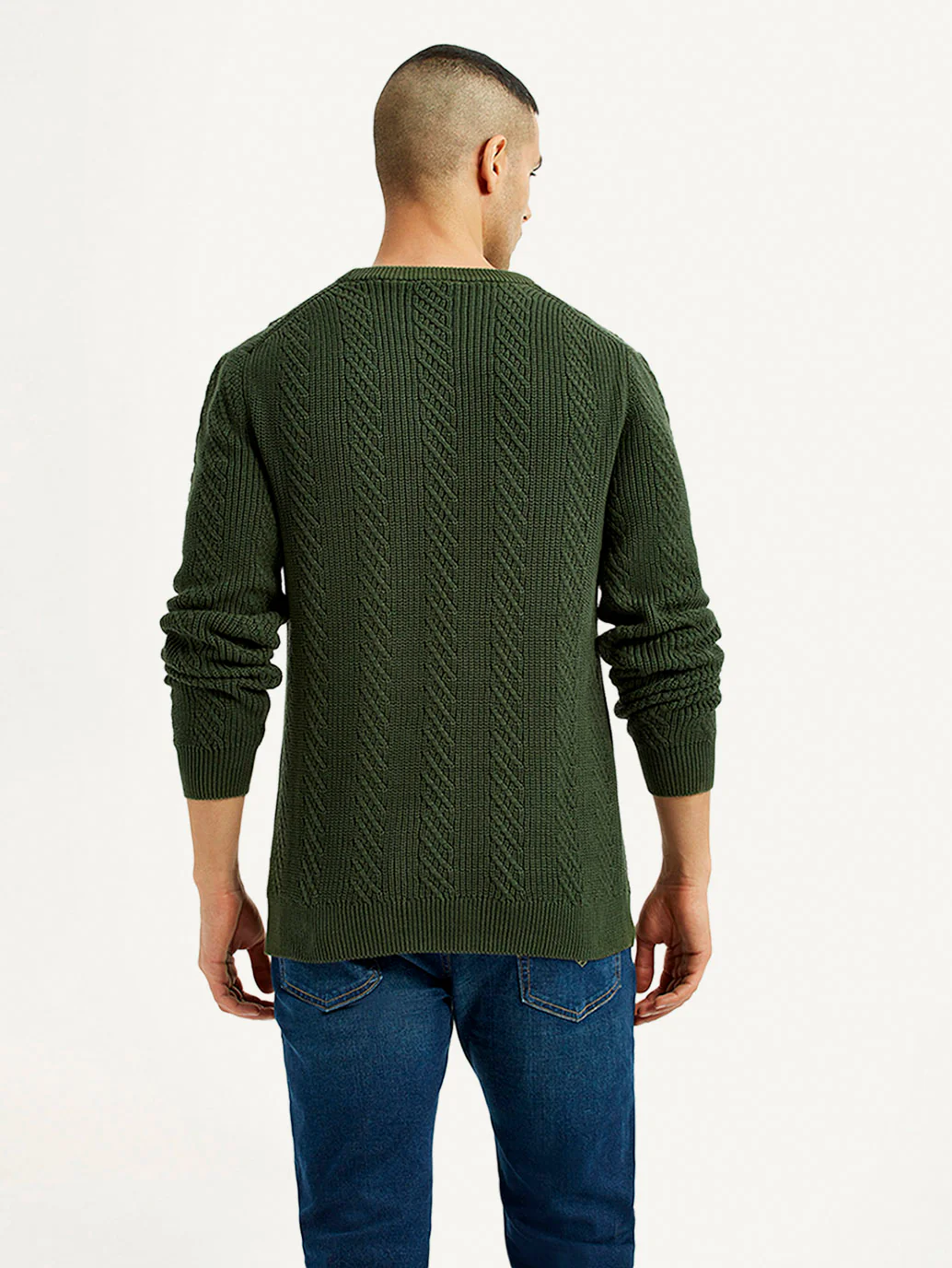 Men's Jacquard Dark Green Crew Neck Sweater - Image 2